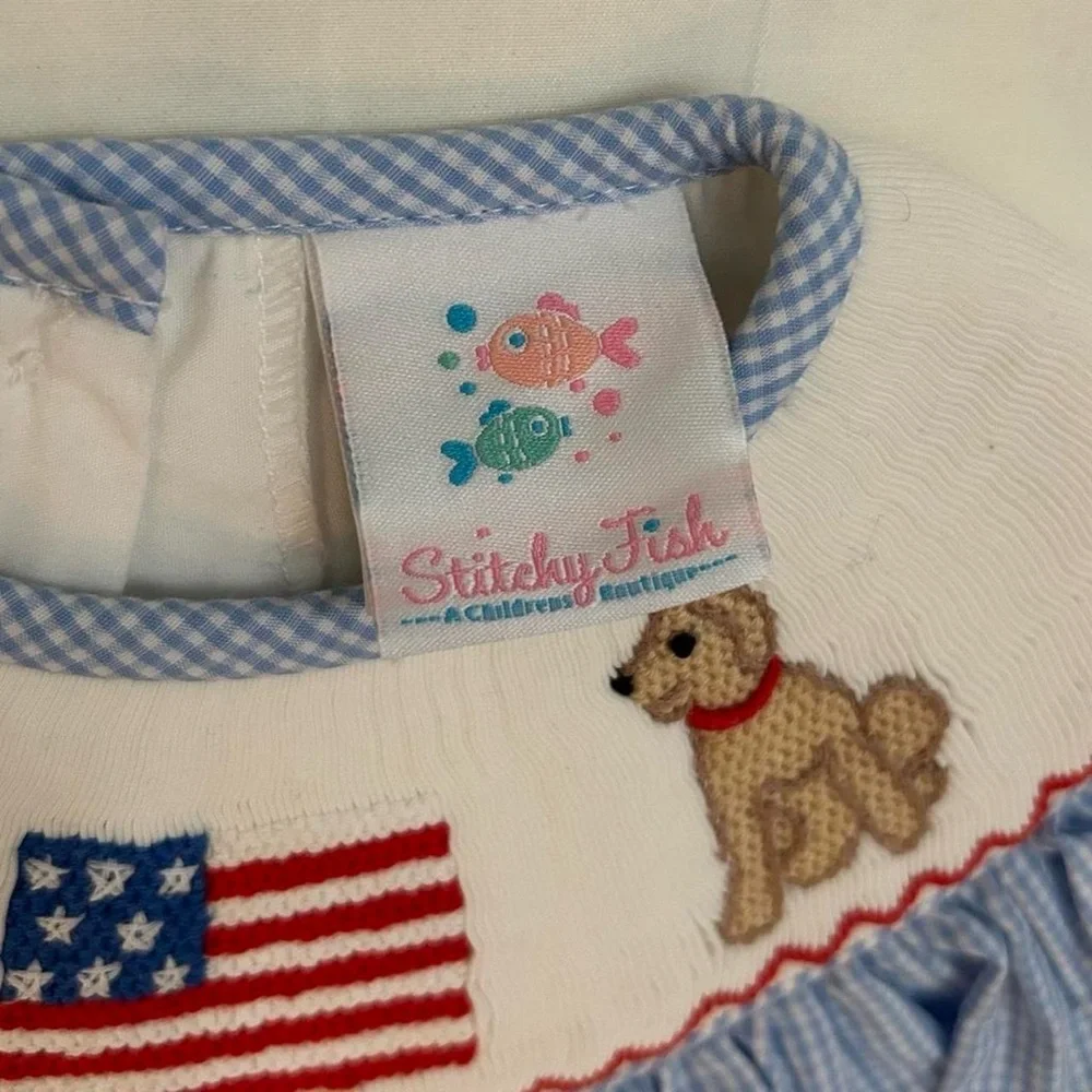 Smocked Blue Gingham Baby One-Piece with Flag & Puppy Embroidery